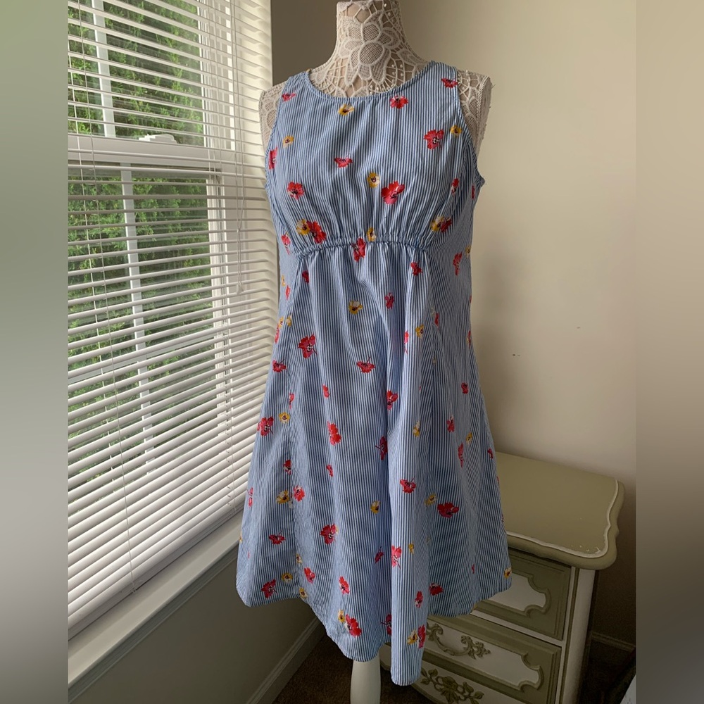 EUC Old Navy Maternity Floral Striped Sleeveless Sundress Blue and White Red